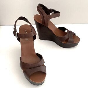 Lauren Ralph Lauren Chocolate Brown Wedges Strap sz 8.5 Feminine Vacation Preppy